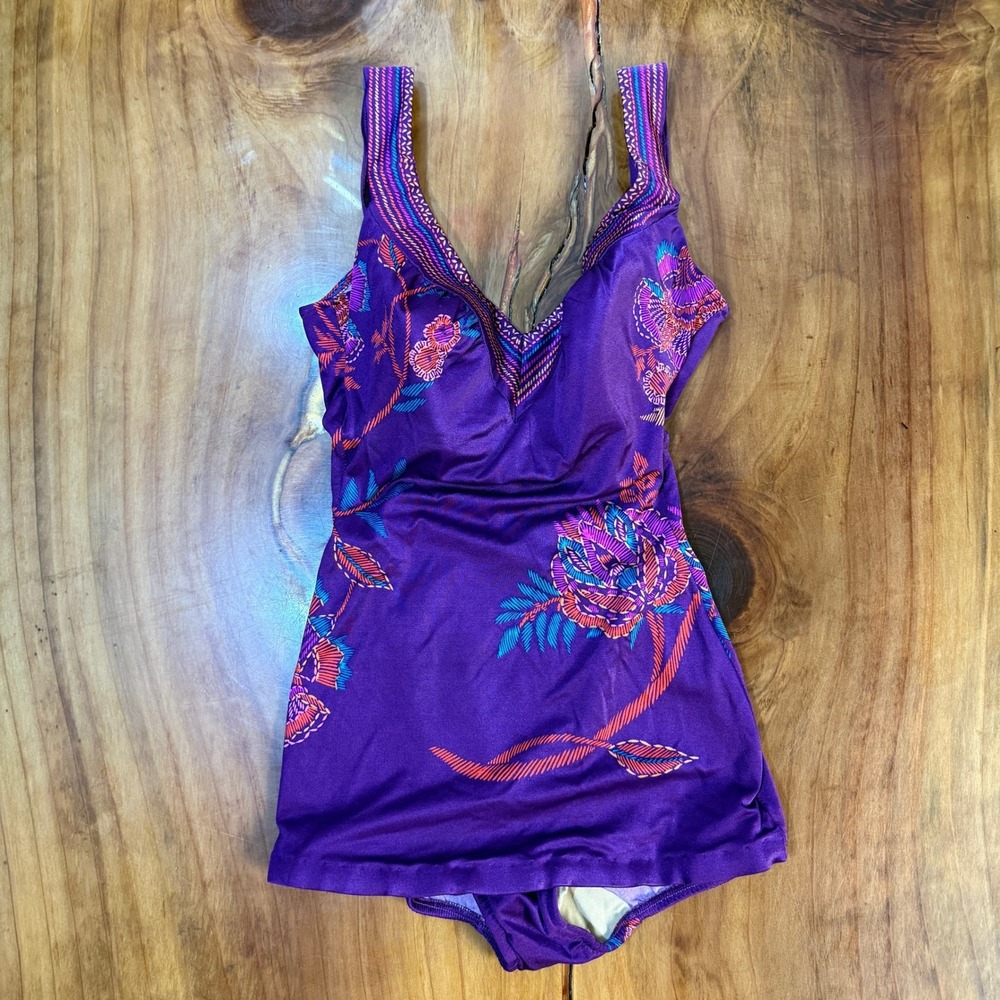 Vintage 60s 70s 1 Piece Swimsuit 10 Sirena Floral Boho Nylon Beach Bathing Suit